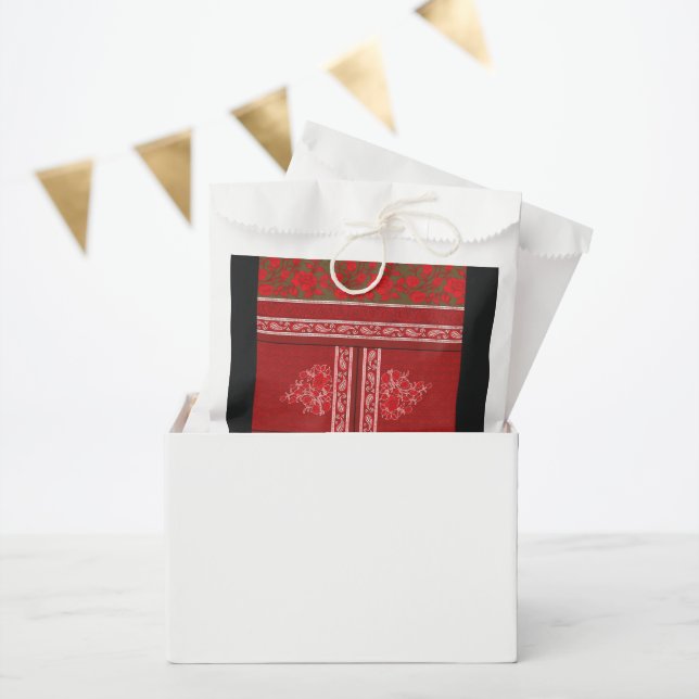 a cross stitch pattern with red flowers and vines favour bags (Party)