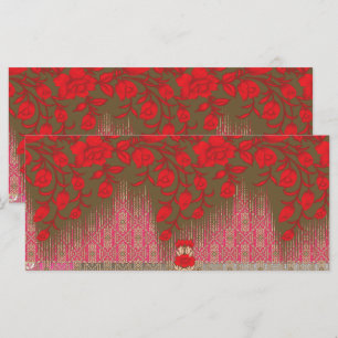 a cross stitch pattern with red flowers and vines menu