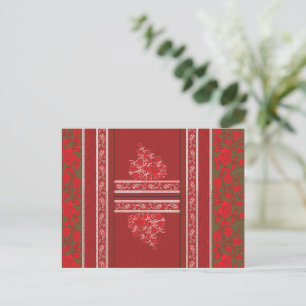 a cross stitch pattern with red flowers and vines postcard
