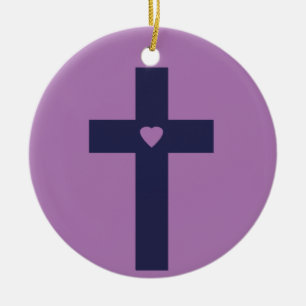 A cross with heart ceramic tree decoration