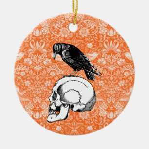 A Crow or Raven and Skull Halloween Orange Black Ceramic Tree Decoration