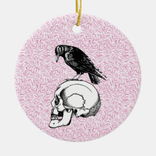 A Crow or Raven and Skull Halloween Pink and Black Ceramic Tree Decoration