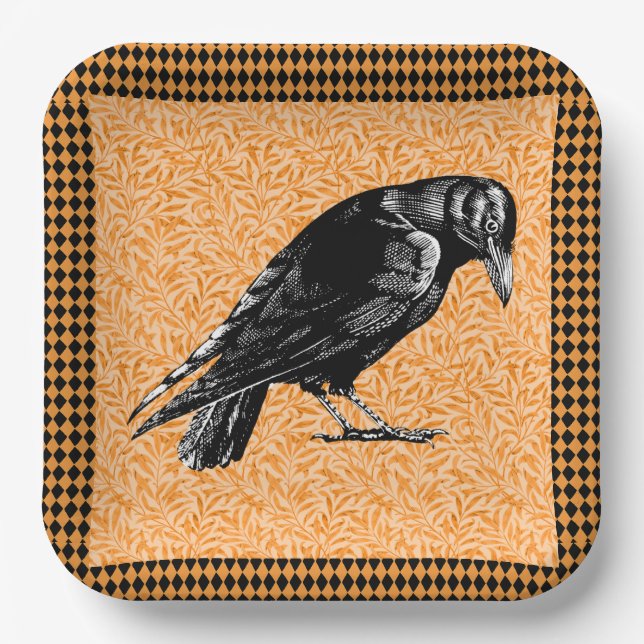 A Crow or Raven Halloween Orange and Black Paper Plate (Front)