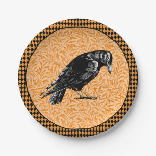 A Crow or Raven Halloween Orange and Black Paper Plate