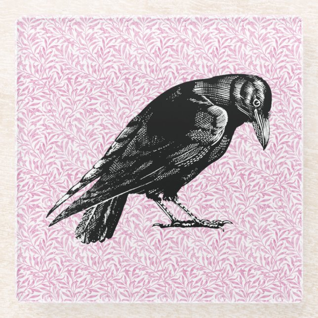 A Crow or Raven Halloween Pink and Black Glass Coaster (Front)