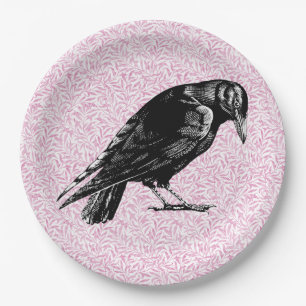 A Crow or Raven Halloween Pink and Black Paper Plate