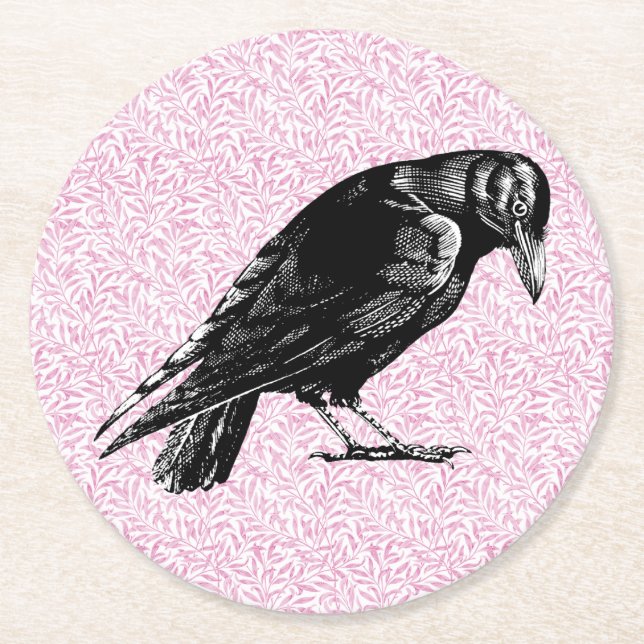 A Crow or Raven Halloween Pink and Black Round Paper Coaster (Front)