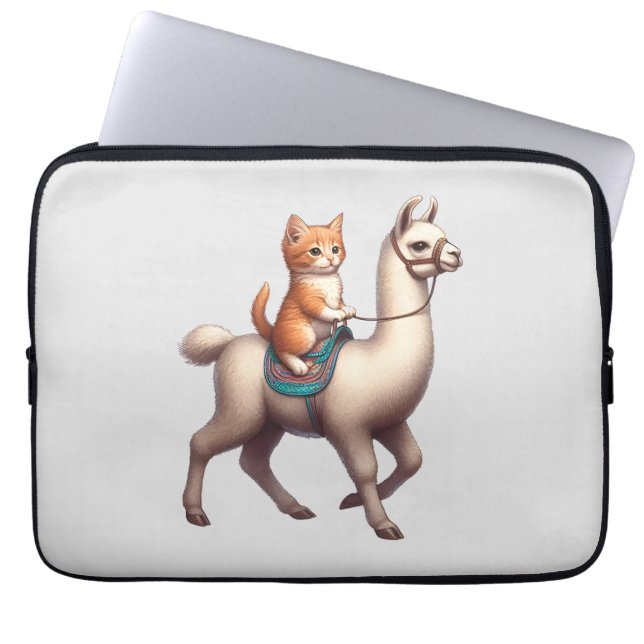 A Cuddly Kitten Riding Fluffy Llama, Cat and Llama Laptop Sleeve (Front)