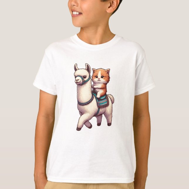 A Cuddly Kitten Riding Fluffy Llama, Cat and Llama T-Shirt (Front)