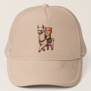 A Cuddly Kitten Riding Fluffy Llama, Cat and Llama Trucker Hat