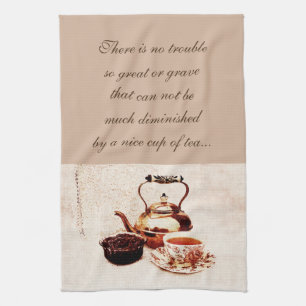 A cup of tea and jam with quote tea towel
