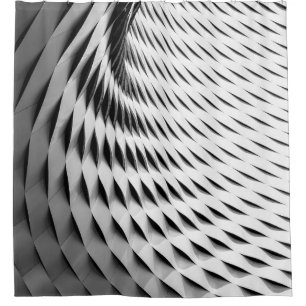 A CURVED FACADE COVERED IN WHITE LATTICEWORK SHOWER CURTAIN