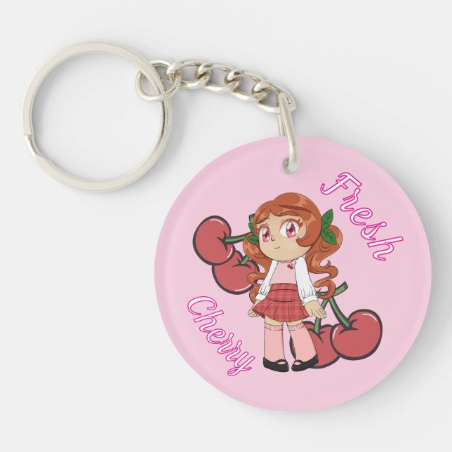 A Customised Key Chain with Cute Cherry Chibi (Front)