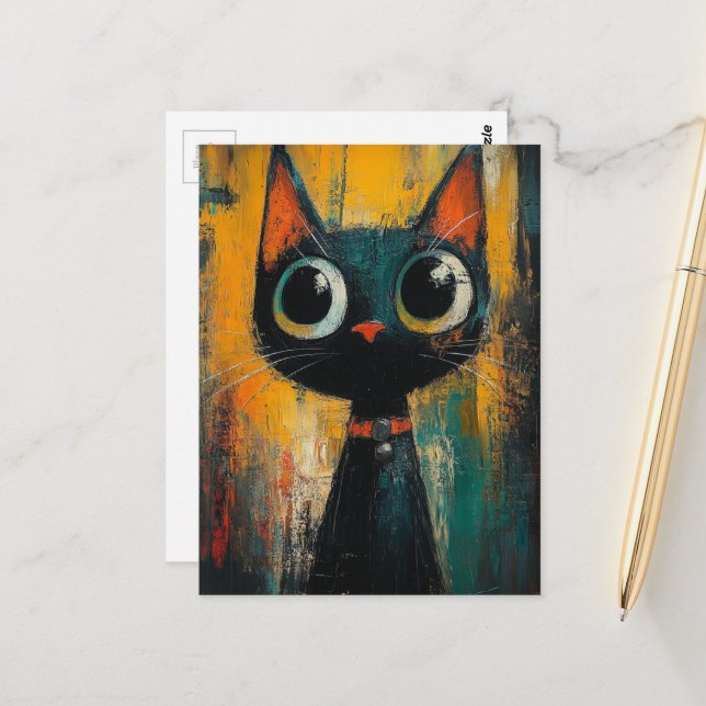 A Cute Adorable Black Cat Postcard (Front/Back In Situ)
