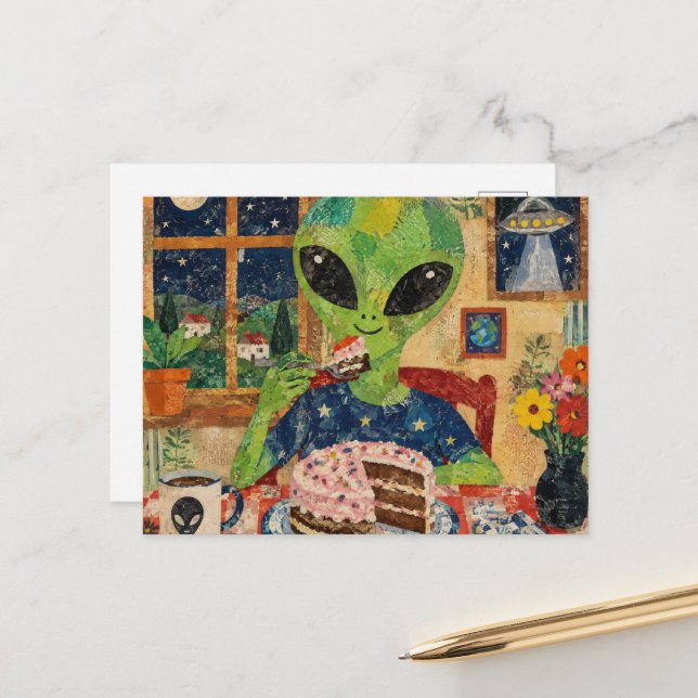 A Cute Alien Eating Cake Postcard (Front/Back In Situ)