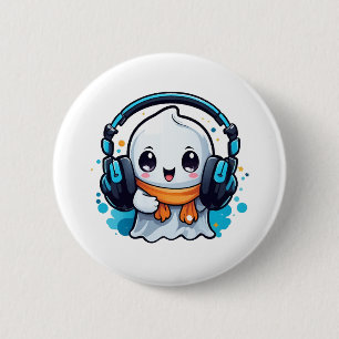 A cute and spooky ghost with headphones 6 cm round badge