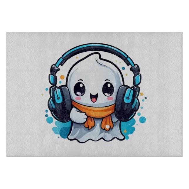 A cute and spooky ghost with headphones cutting board (Front)