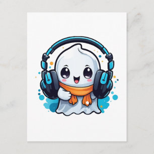 A cute and spooky ghost with headphones enclosure card