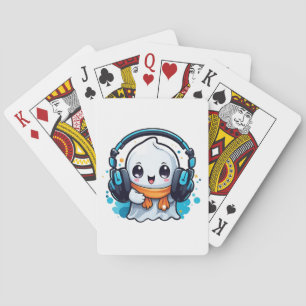 A cute and spooky ghost with headphones playing cards