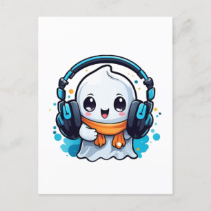 A cute and spooky ghost with headphones postcard