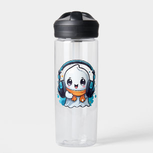 A cute and spooky ghost with headphones water bottle