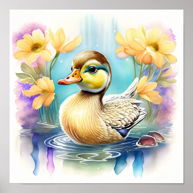A Cute Baby Duck Swimming in a Pond  Poster (Front)