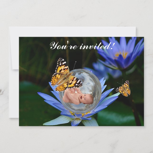 A cute baby lily butterfly bubble invitation (Front)