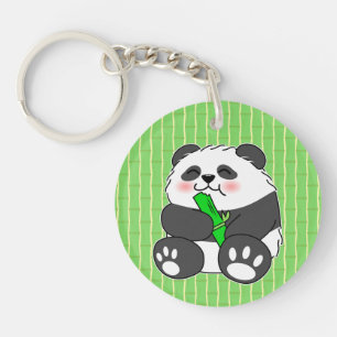 A Cute Baby Panda Eating Bamboo Stalk Key Ring