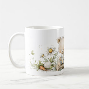 A cute bear in a flower meadow with a jar of honey coffee mug