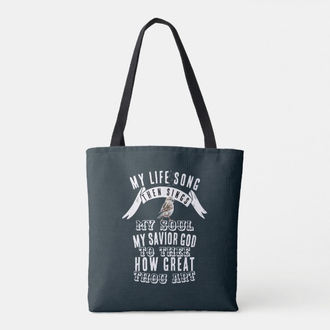 A Cute Bird Sings How Great Thou Art Christian Tote Bag (Back)