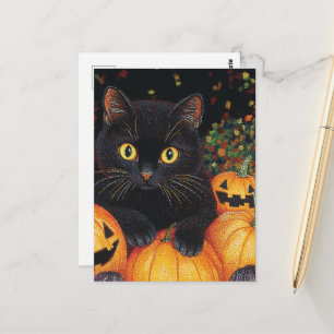 A Cute Black Cat in the Halloween Pumpkins Postcard