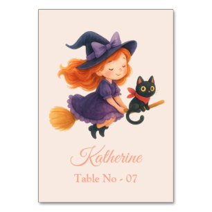 A Cute Boo & Cat with a Broom  Table Number