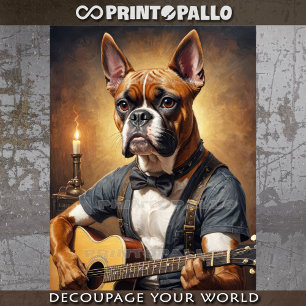 A cute boxer dog playing guitar in its bedroom -  tissue paper