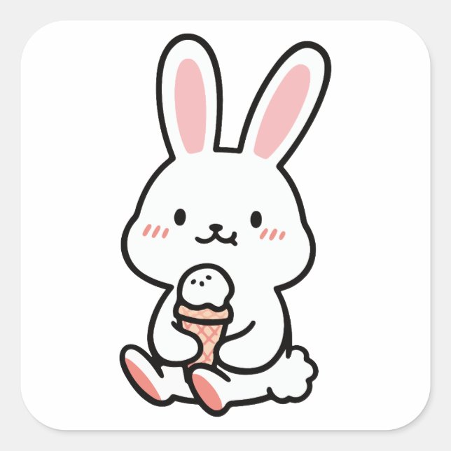 a cute bunny with ice cream  square sticker (Front)