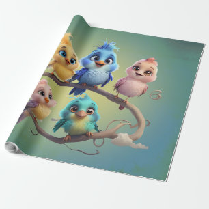 A cute cartoon bird parade in vibrant colors.  wrapping paper