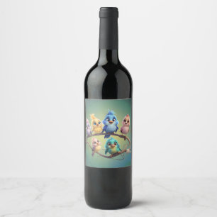 A cute cartoon bird parade in vibrant colours. wine label