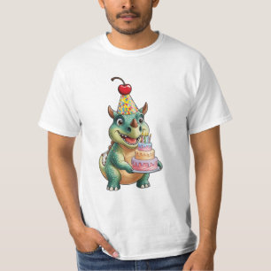 A cute cartoon Triceratops with a birthday hat and T-Shirt
