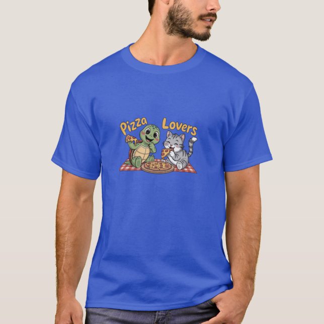 A cute cat and turtle enjoy eating pizza T-Shirt (Front)