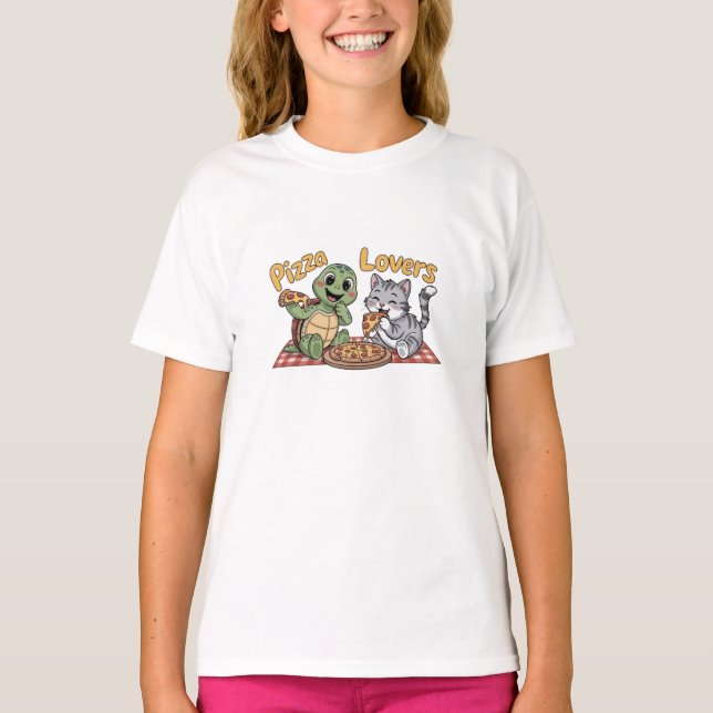 A cute cat and turtle enjoy eating pizza T-Shirt (Front)