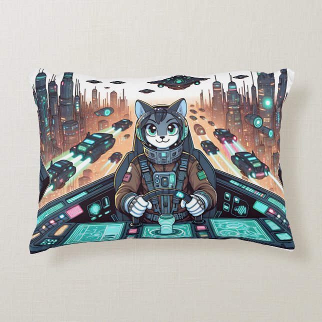 A cute cat like pilot navigates futuristic decorative cushion (Front)