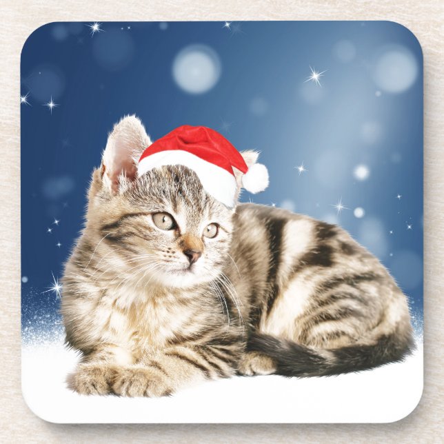 A Cute Cat wearing red Santa hat Christmas Snow Coaster (Front)