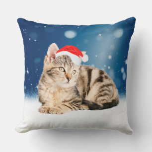 A Cute Cat wearing red Santa hat Christmas Snow Cushion