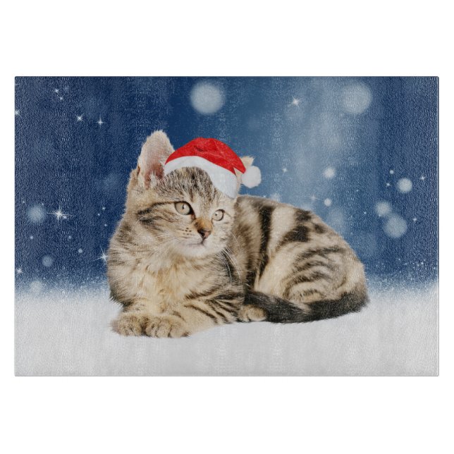 A Cute Cat wearing red Santa hat Christmas Snow Cutting Board (Front)