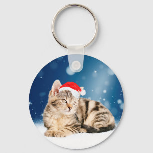 A Cute Cat wearing red Santa hat Christmas Snow Key Ring