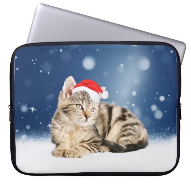 A Cute Cat wearing red Santa hat Christmas Snow Laptop Sleeve (Front)
