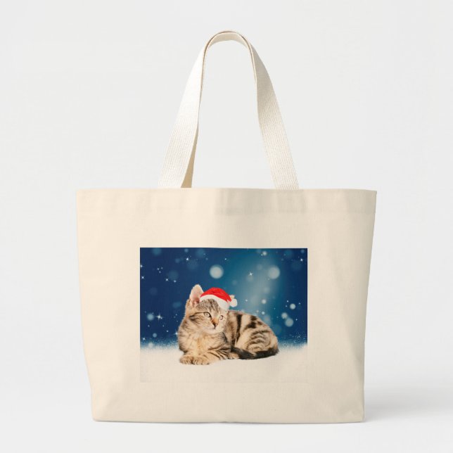 A Cute Cat wearing red Santa hat Christmas Snow Large Tote Bag (Front)