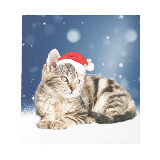 A Cute Cat wearing red Santa hat Christmas Snow Notepad (Front)