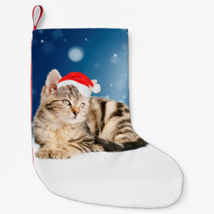 A Cute Cat wearing red Santa hat Christmas Snow Small Christmas Stocking