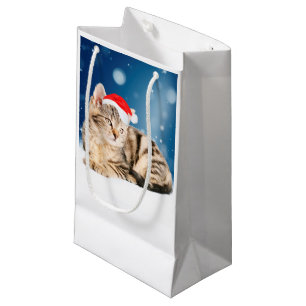 A Cute Cat wearing red Santa hat Christmas Snow Small Gift Bag