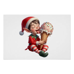 A cute Christmas Elf enjoying an ice cream cone Poster
